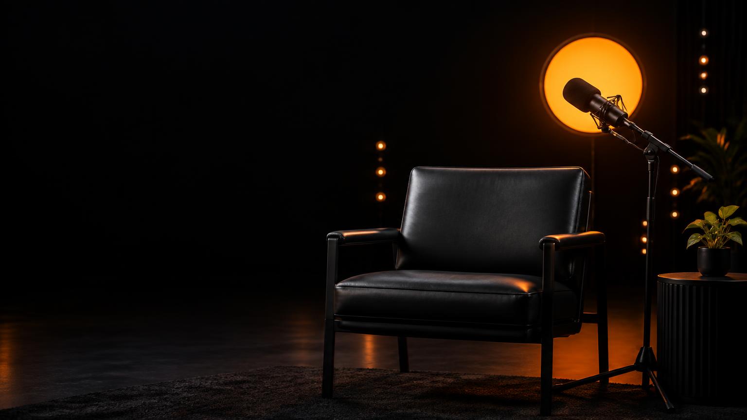 An empty studio chair and microphone framed by an orange light