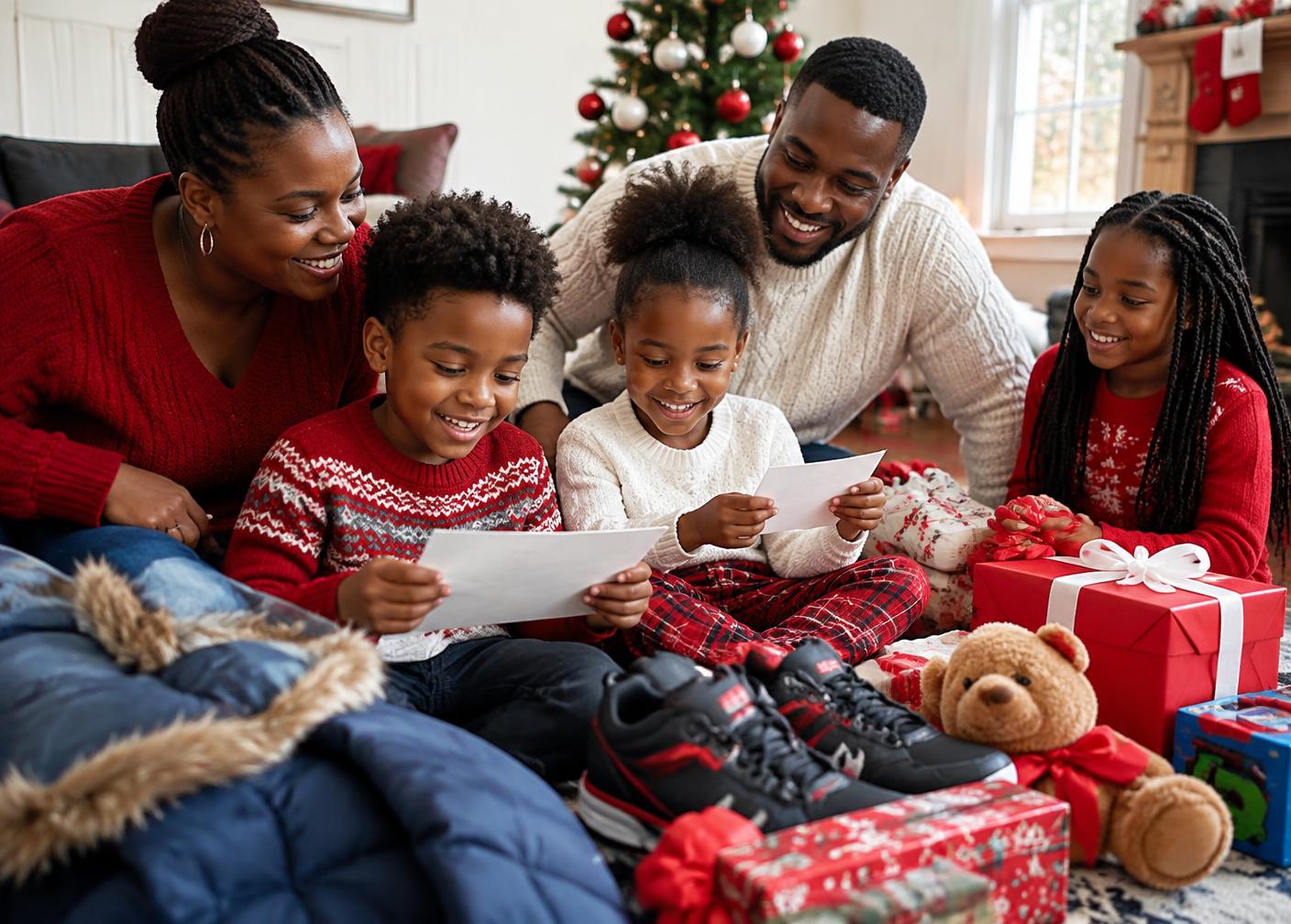 Children and caregivers sharing wish lists and wrapped holiday gifts