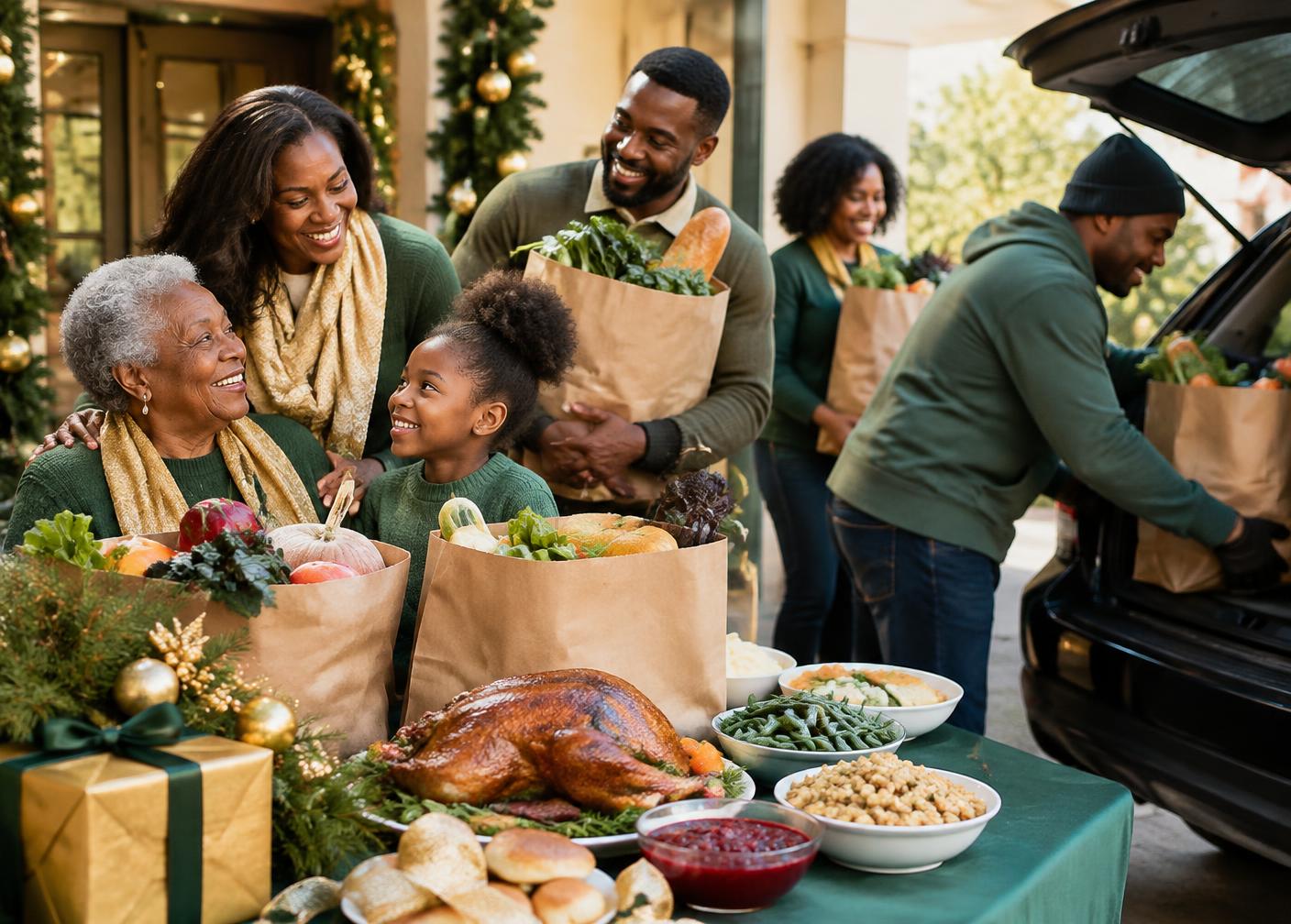Families and volunteers preparing holiday groceries and meals