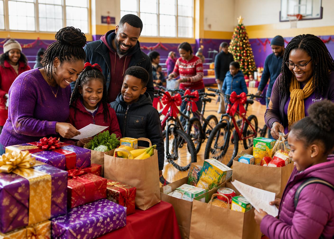 Georgia families and volunteers organizing groceries, gifts and bicycles