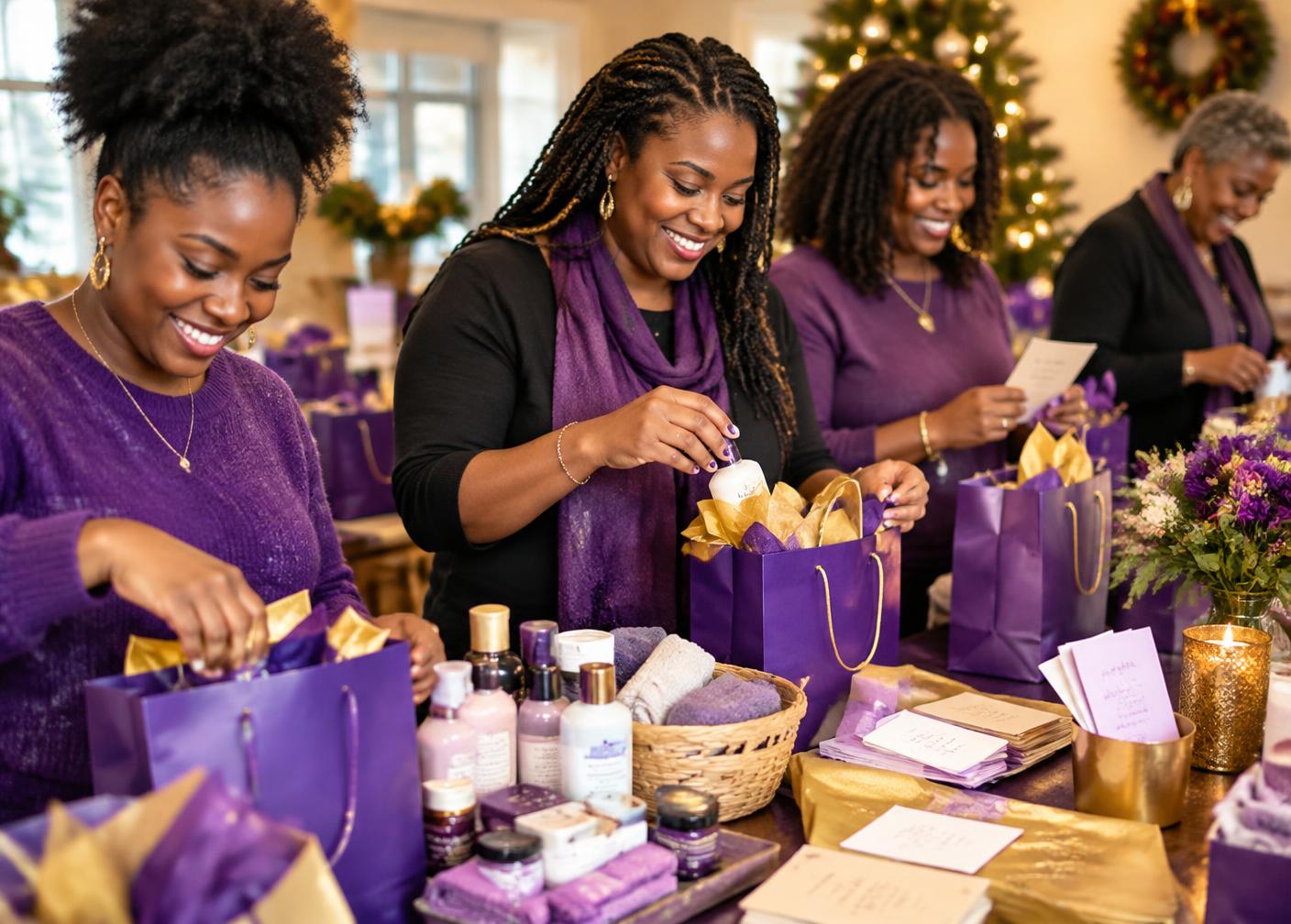 Women packing personal-care products and handwritten encouragement cards