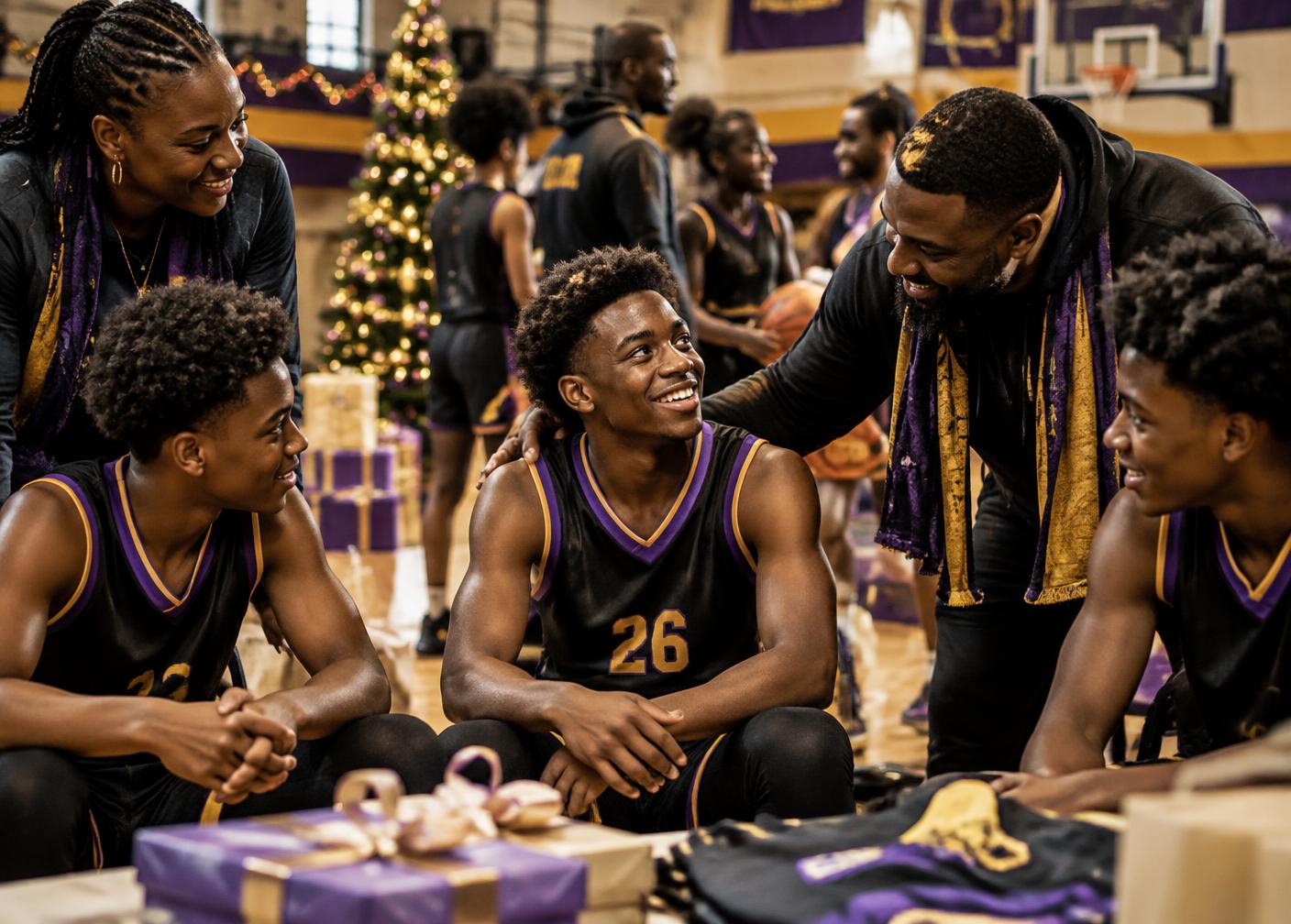 Black youth basketball players and mentors at a holiday legacy event