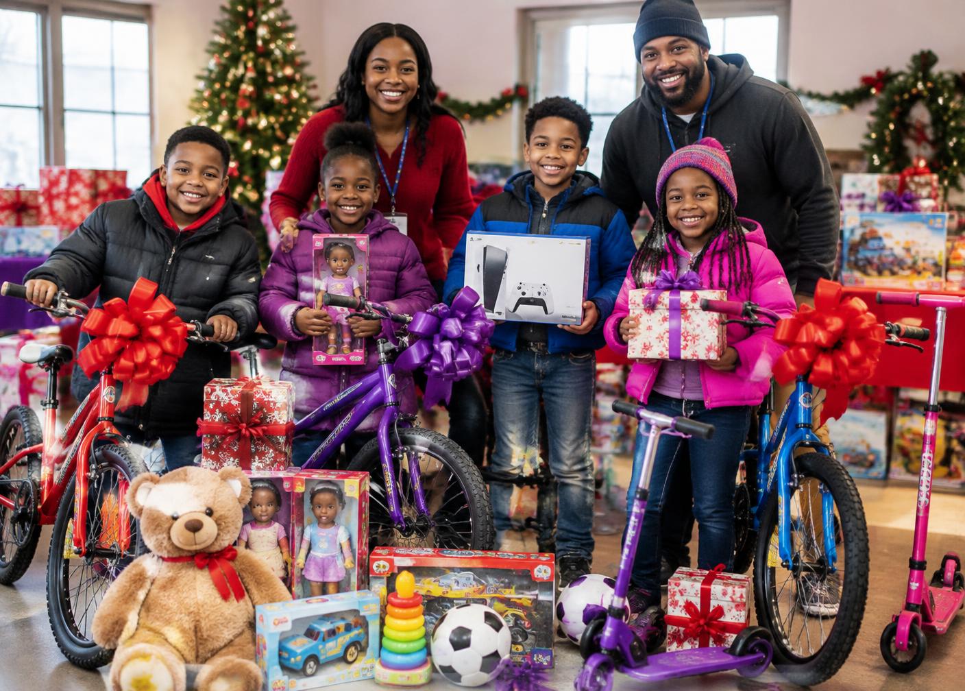 Children and volunteers with bicycles, toys and wrapped gifts